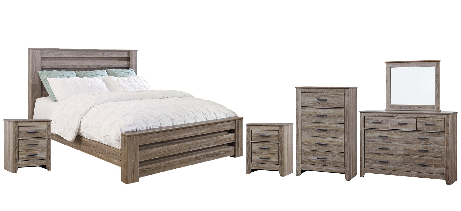 Zelen King Panel Bed with Mirrored Dresser, Chest and 2 Nightstands Rent Wise Rent To Own Jacksonville, Florida
