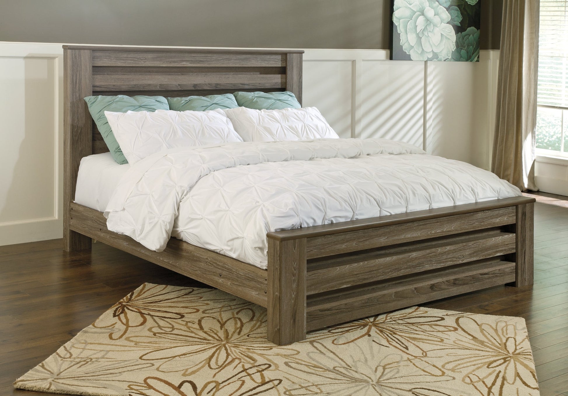 Zelen King Panel Bed with Mirrored Dresser and Chest Rent Wise Rent To Own Jacksonville, Florida
