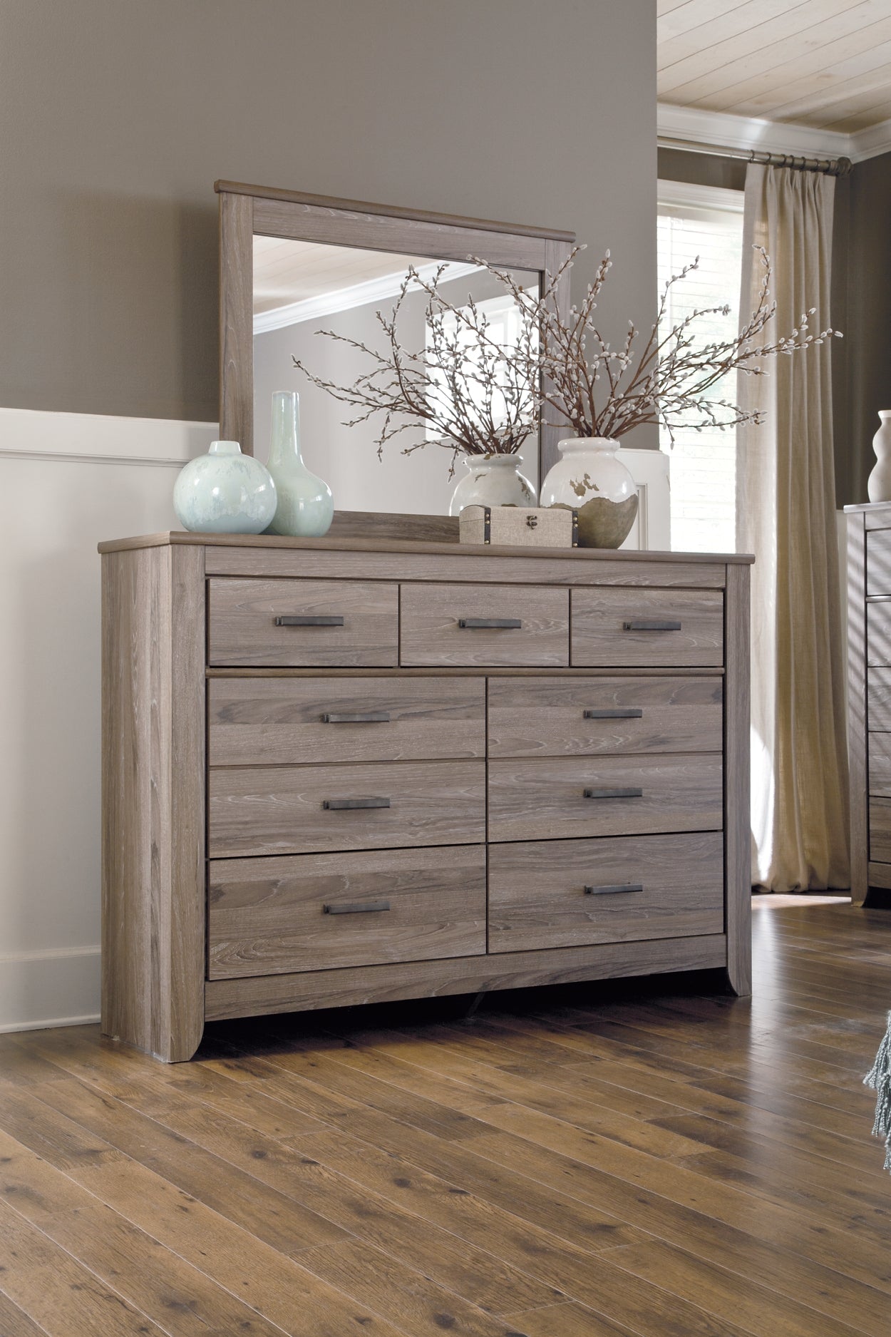 Zelen Queen Panel Bed with Mirrored Dresser and Chest Rent Wise Rent To Own Jacksonville, Florida