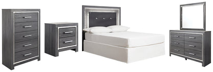 Lodanna  Upholstered Panel Headboard Bed With Mirrored Dresser, Chest And Nightstand