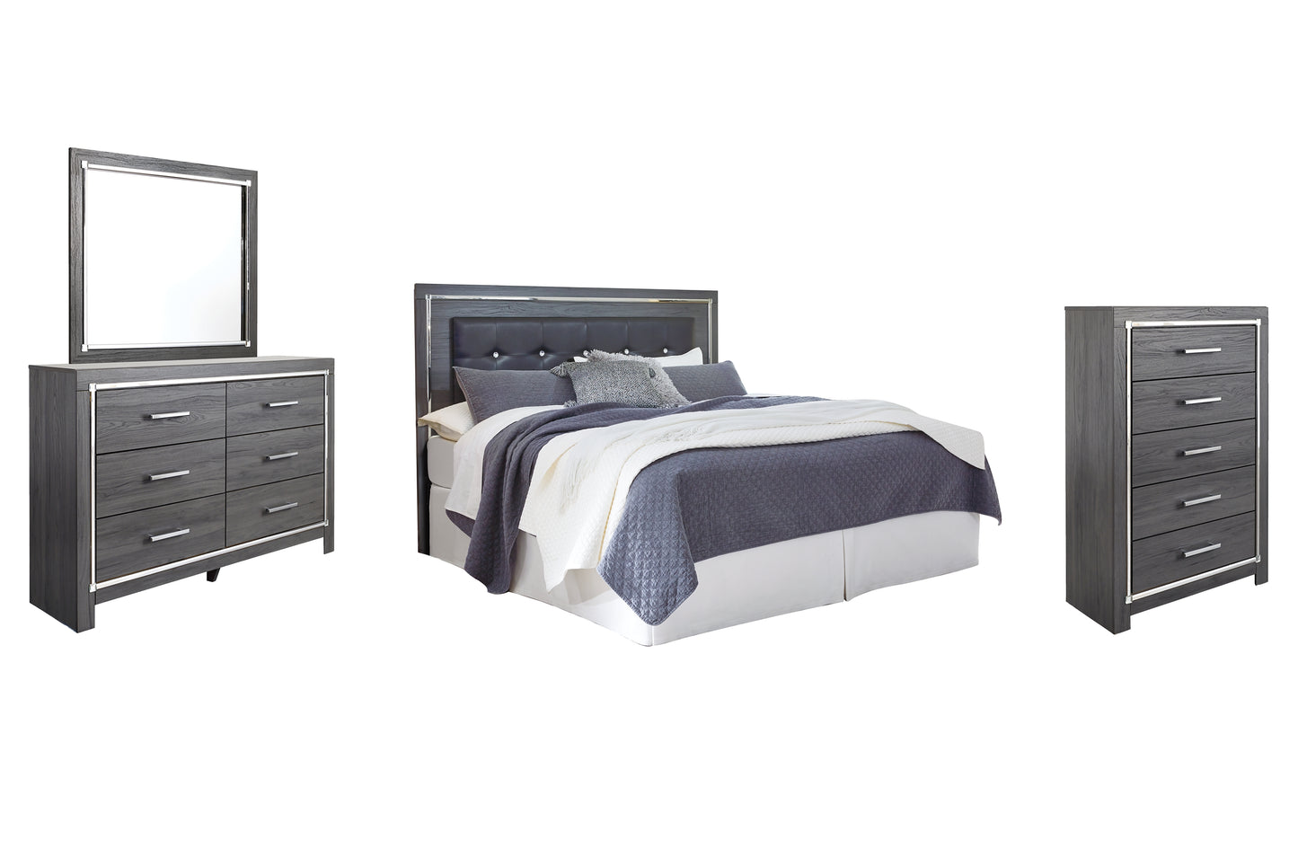 Lodanna /California King Upholstered Panel Headboard Bed With Mirrored Dresser And Chest