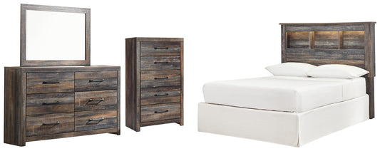 Drystan  Bookcase Headboard Bed With Mirrored Dresser And Chest