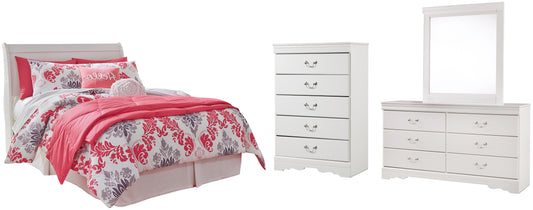 Anarasia  Sleigh Headboard Bed With Mirrored Dresser And Chest