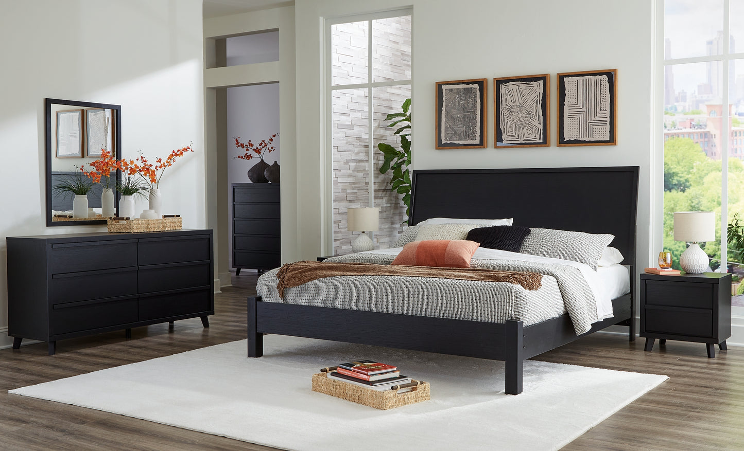 Danziar  Panel Bed With Mirrored Dresser And Nightstand