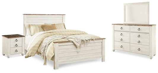 Willowton  Panel Bed With Mirrored Dresser And Nightstand