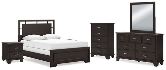 Covetown  Panel Bed With Mirrored Dresser, Chest And 2 Nightstands