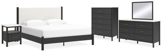 Cadmori  Upholstered Panel Bed With Mirrored Dresser, Chest And Nightstand