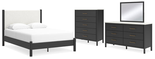 Cadmori  Upholstered Panel Bed With Mirrored Dresser And Chest