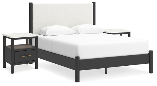Cadmori  Upholstered Panel Bed With 2 Nightstands