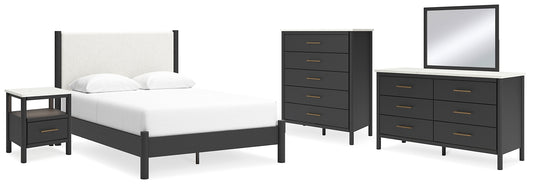 Cadmori  Upholstered Panel Bed With Mirrored Dresser, Chest And Nightstand