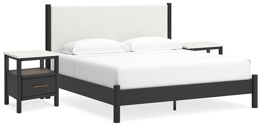 Cadmori  Upholstered Panel Bed With 2 Nightstands