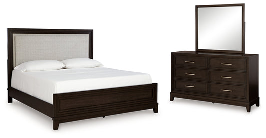 Neymorton California  Upholstered Panel Bed With Mirrored Dresser
