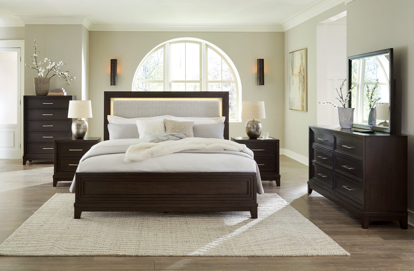 Neymorton California  Upholstered Panel Bed With Mirrored Dresser, Chest And Nightstand