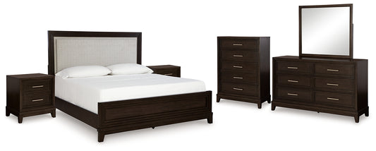 Neymorton California  Upholstered Panel Bed With Mirrored Dresser, Chest And 2 Nightstands