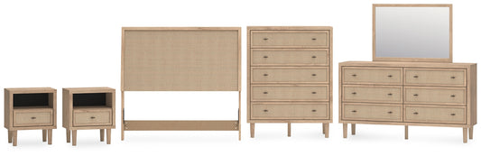 Cielden  Upholstered Panel Bed With Mirrored Dresser, Chest And 2 Nightstands