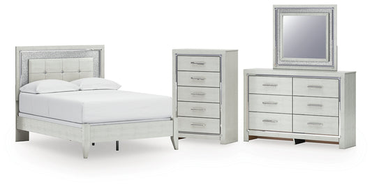 Zyniden  Upholstered Panel Bed With Mirrored Dresser And Chest