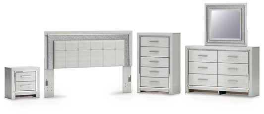 Zyniden  Upholstered Panel Headboard With Mirrored Dresser, Chest And Nightstand