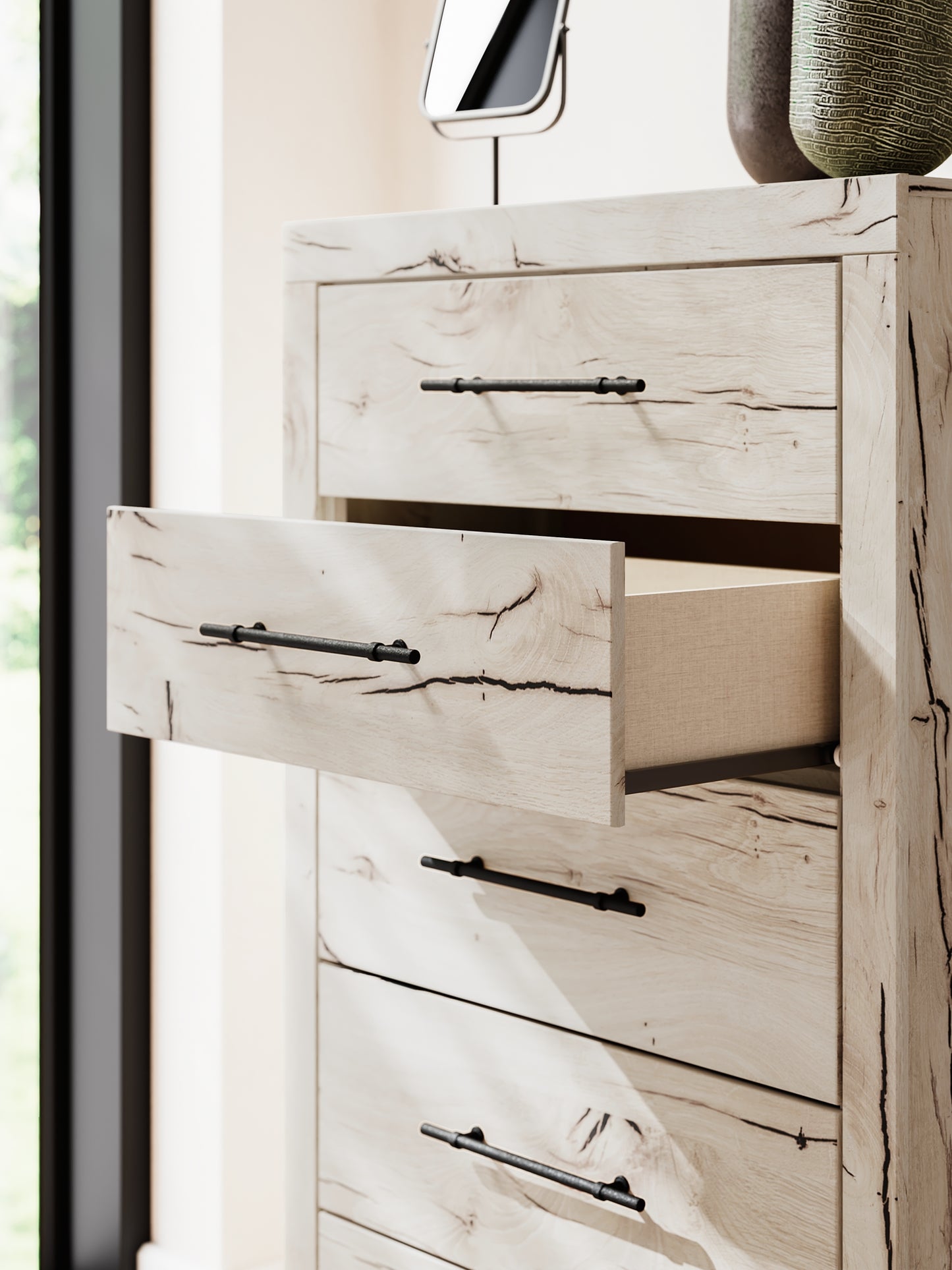 Panel Bed With Mirrored Dresser, Chest And Nightstand