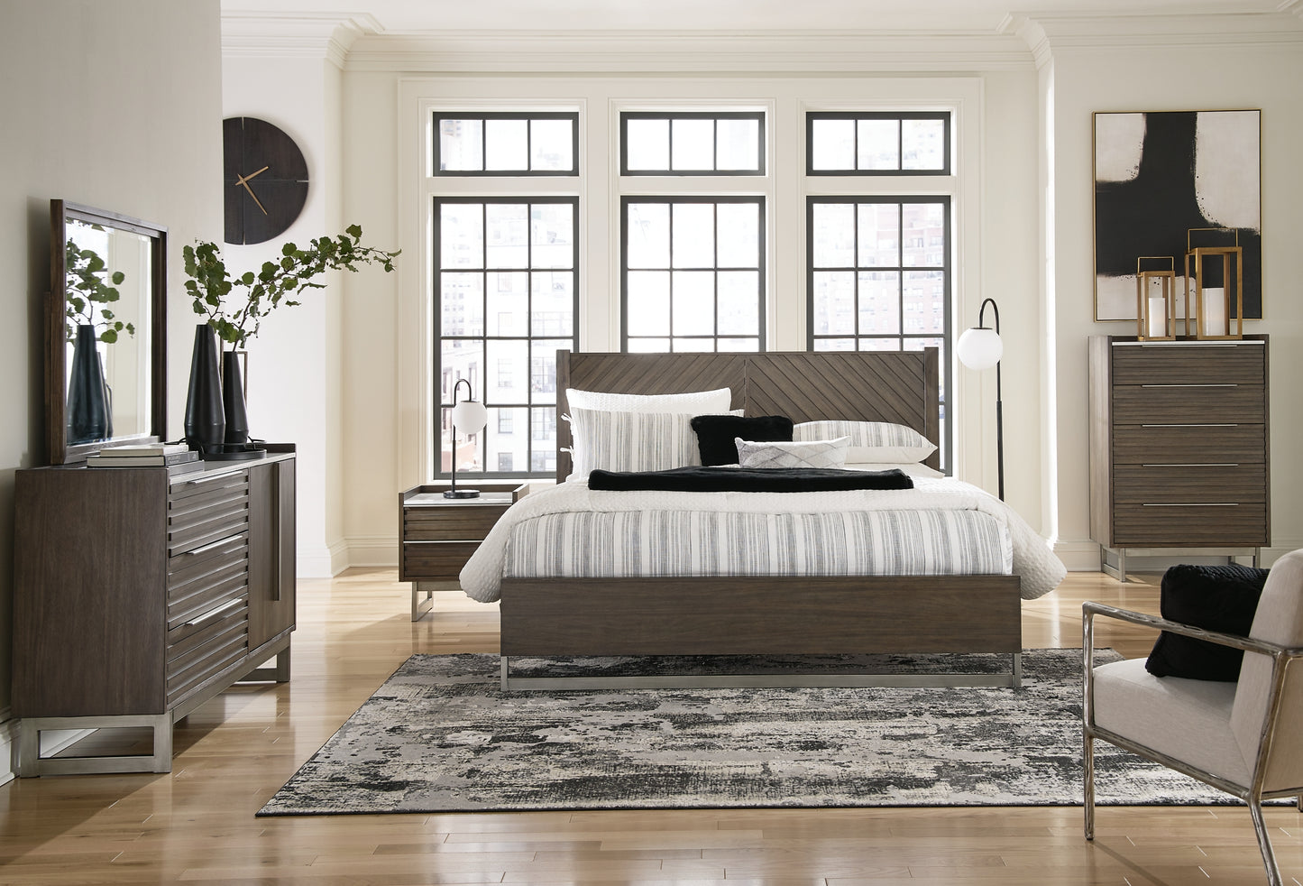 Arkenton  Panel Bed With Mirrored Dresser, Chest And Nightstand