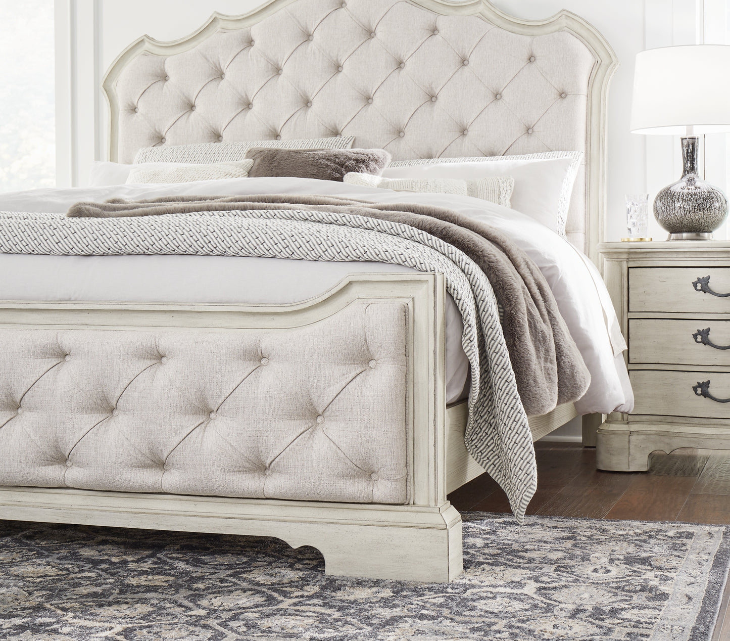 Arlendyne  Upholstered Bed With Mirrored Dresser And Chest