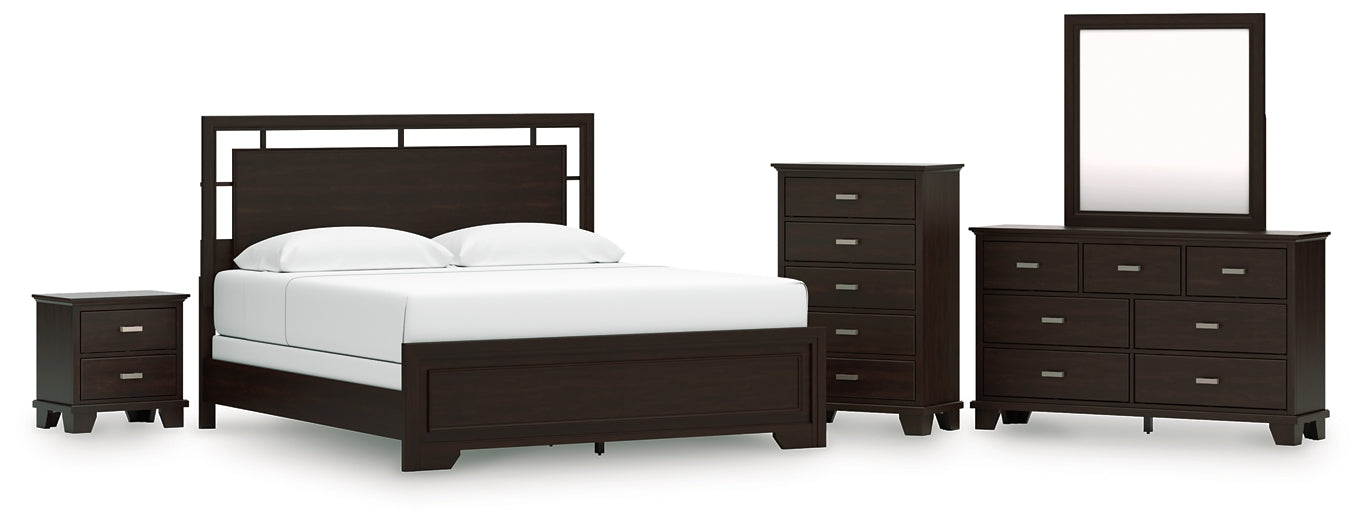 Covetown California  Panel Bed With Mirrored Dresser, Chest And Nightstand