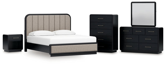 Rowanbeck  Upholstered Panel Bed With Mirrored Dresser, Chest And Nightstand