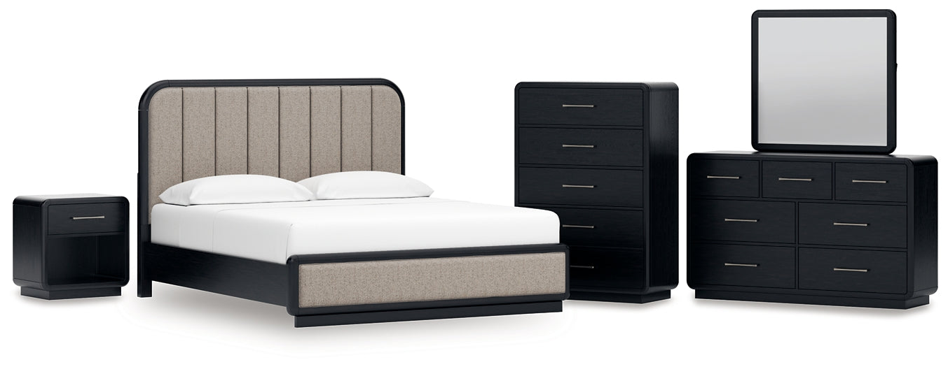 Rowanbeck California  Upholstered Panel Bed With Mirrored Dresser, Chest And Nightstand