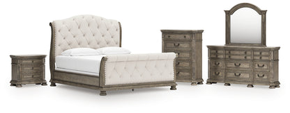 Ardenfield California  Upholstered Sleigh Bed With Mirrored Dresser, Chest And Nightstand