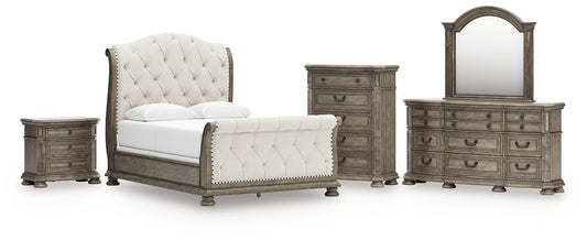 Ardenfield  Upholstered Sleigh Bed With Mirrored Dresser, Chest And Nightstand