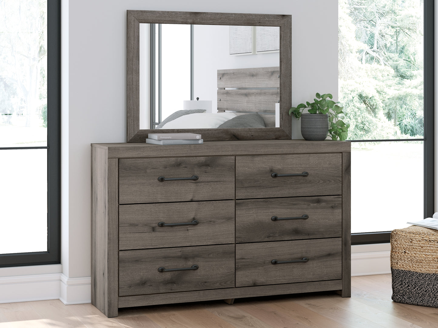 Graystorm  Panel Bed With Storage With Mirrored Dresser And Chest