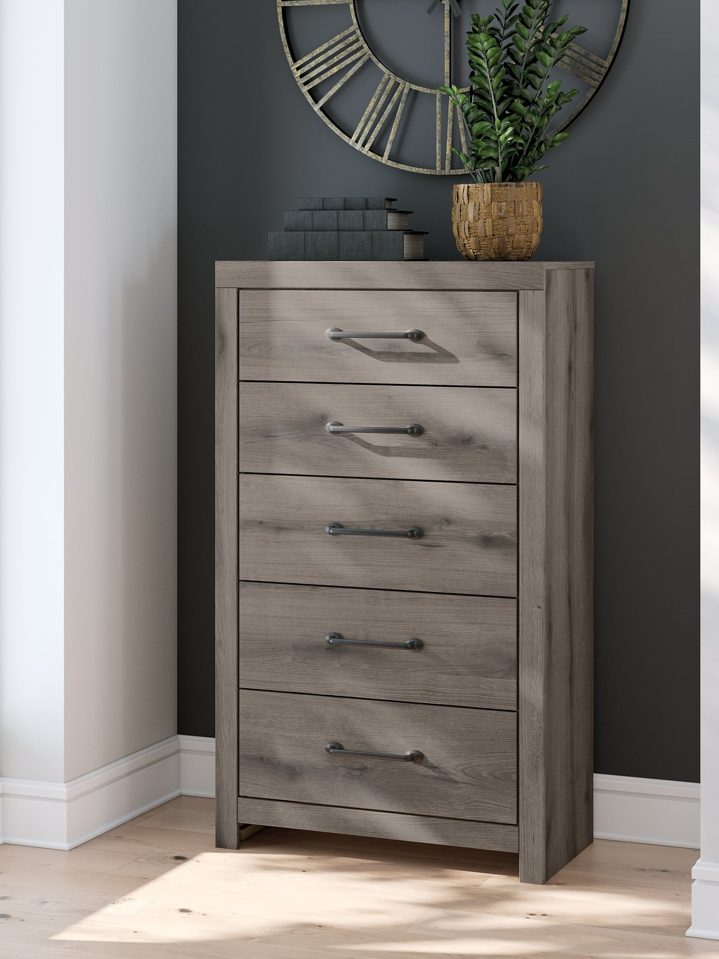 Graystorm  Panel Bed With Storage With Mirrored Dresser And Chest