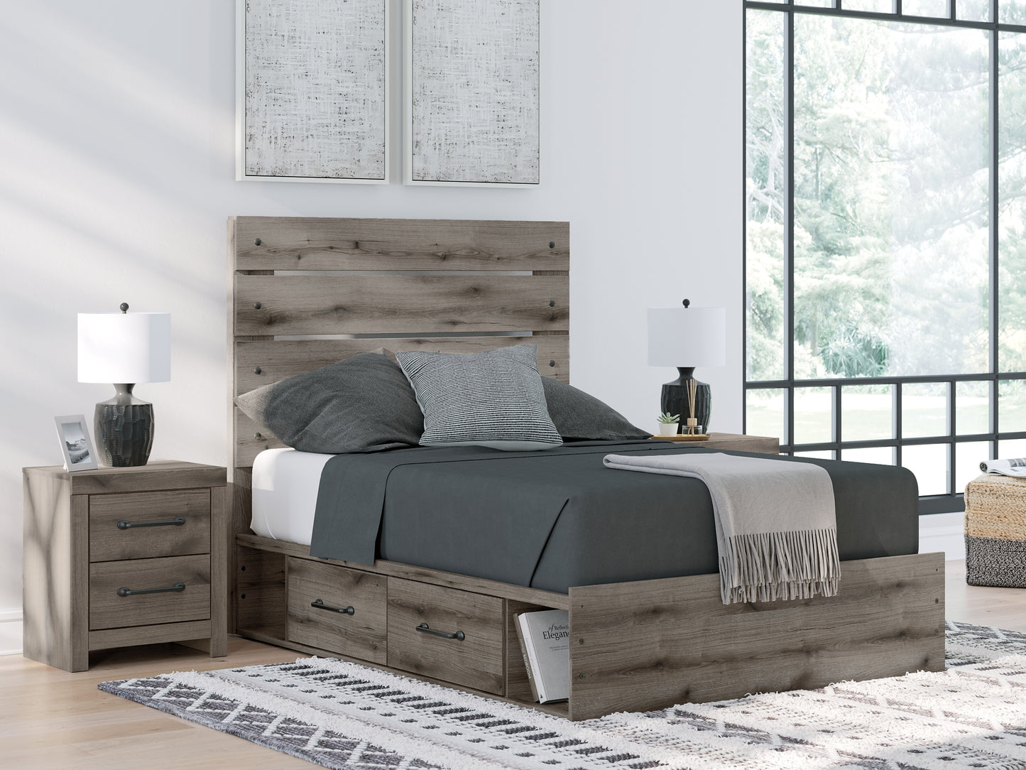 Graystorm  Panel Bed With Storage With Mirrored Dresser, Chest And Nightstand