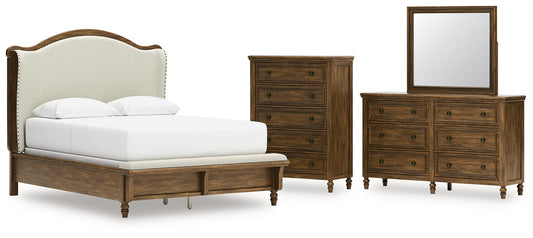Sturlayne  Upholstered Panel Bed With Mirrored Dresser And Chest