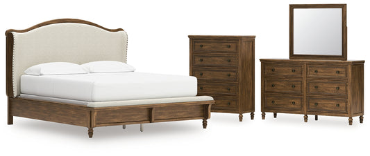 Sturlayne California  Upholstered Panel Bed With Mirrored Dresser And Chest