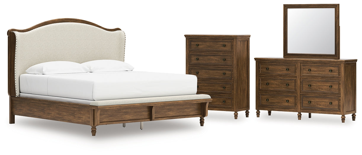 Sturlayne  Upholstered Panel Bed With Mirrored Dresser And Chest