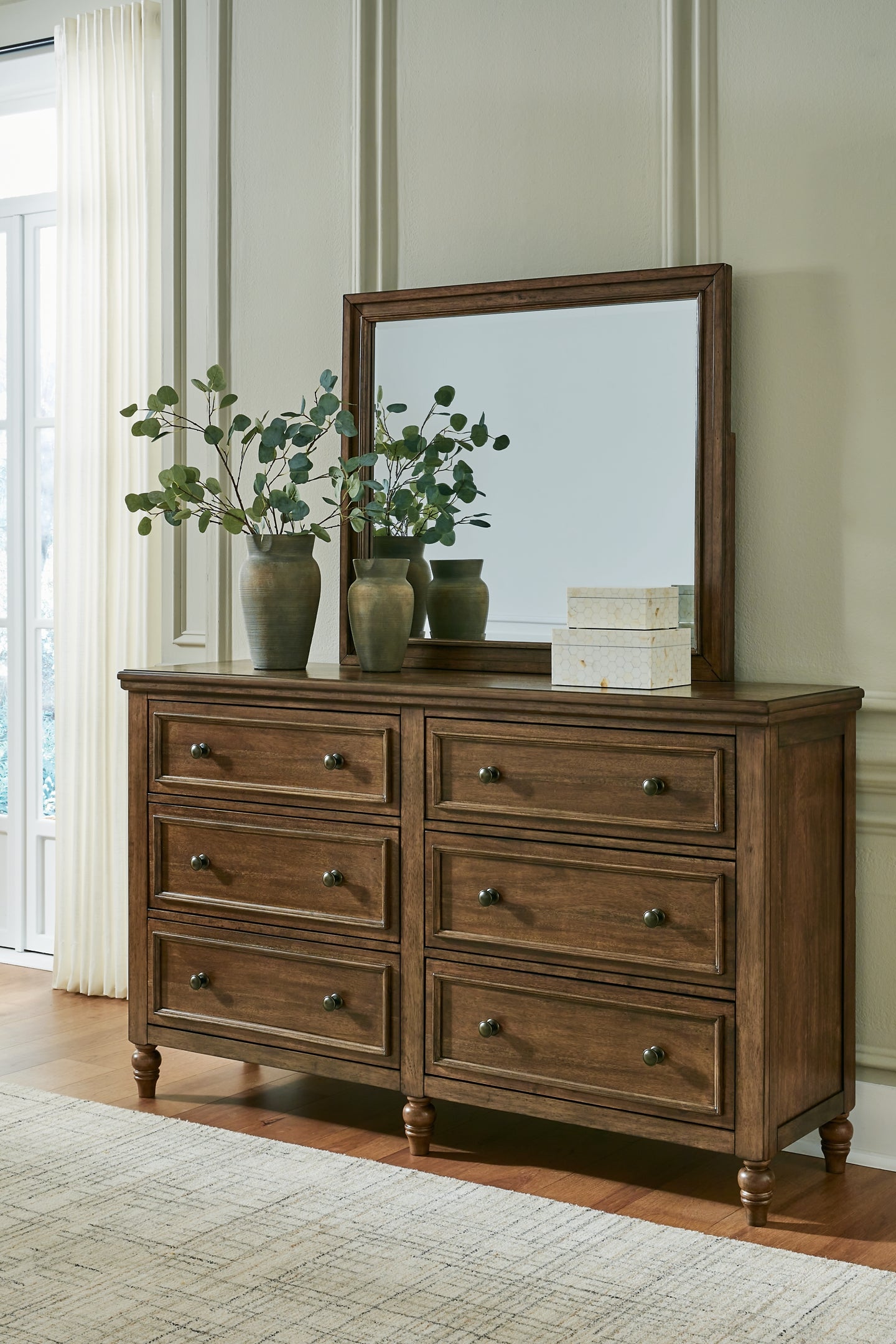 Sturlayne California  Upholstered Panel Bed With Mirrored Dresser, Chest And Nightstand