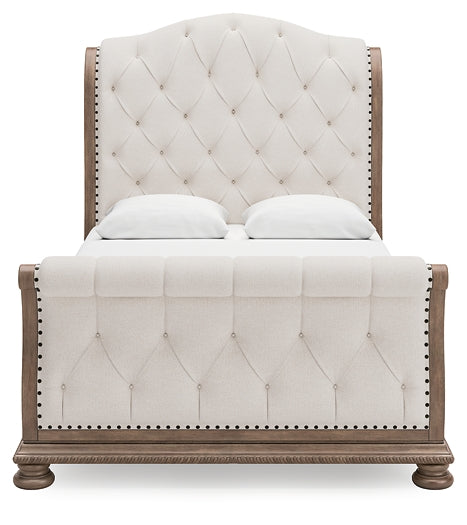 Ardenfield  Upholstered Sleigh Bed With Mirrored Dresser And Chest