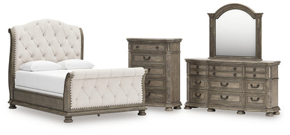 Ardenfield  Upholstered Sleigh Bed With Mirrored Dresser And Chest