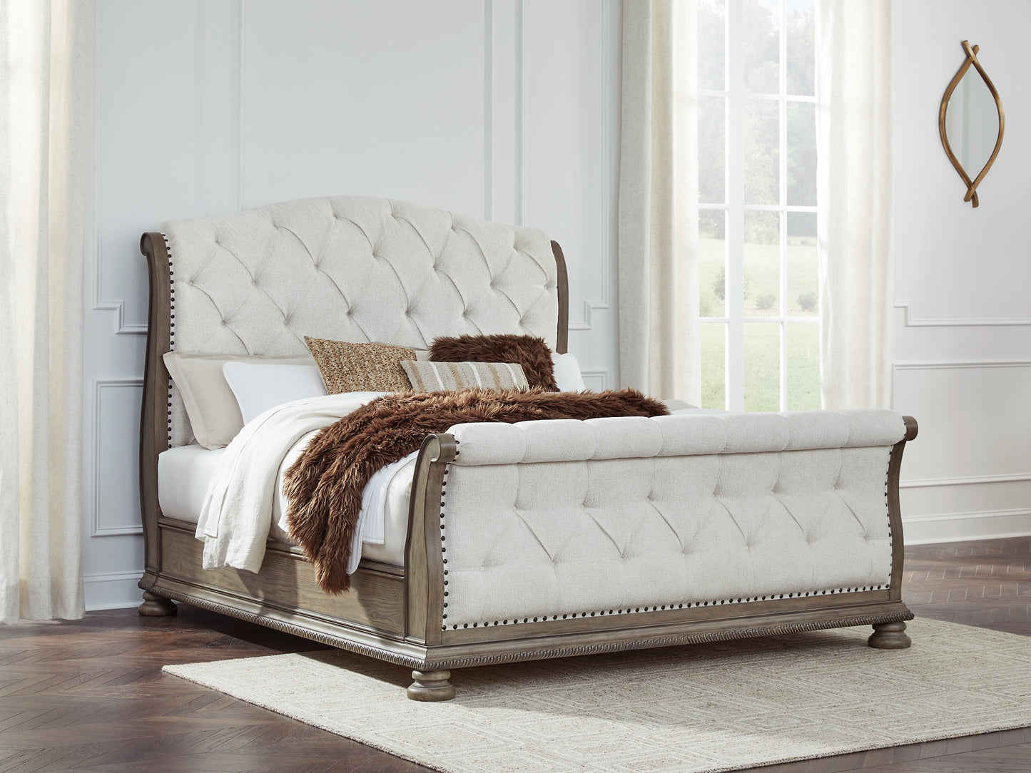 Ardenfield  Upholstered Sleigh Bed With Mirrored Dresser, Chest And Nightstand
