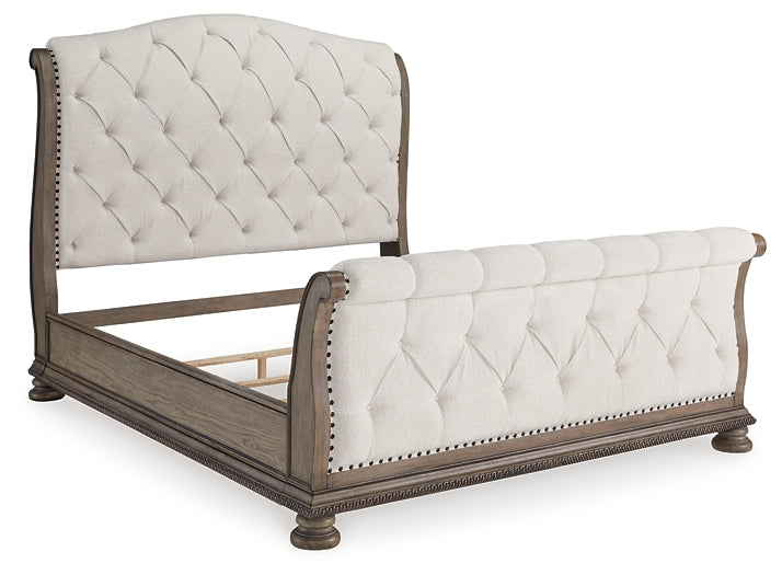 Ardenfield  Upholstered Sleigh Bed With Mirrored Dresser And Chest
