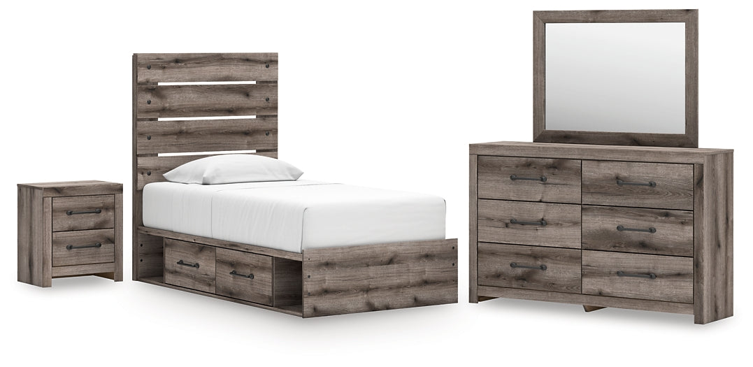 Graystorm  Panel Bed With Storage With Mirrored Dresser And Nightstand