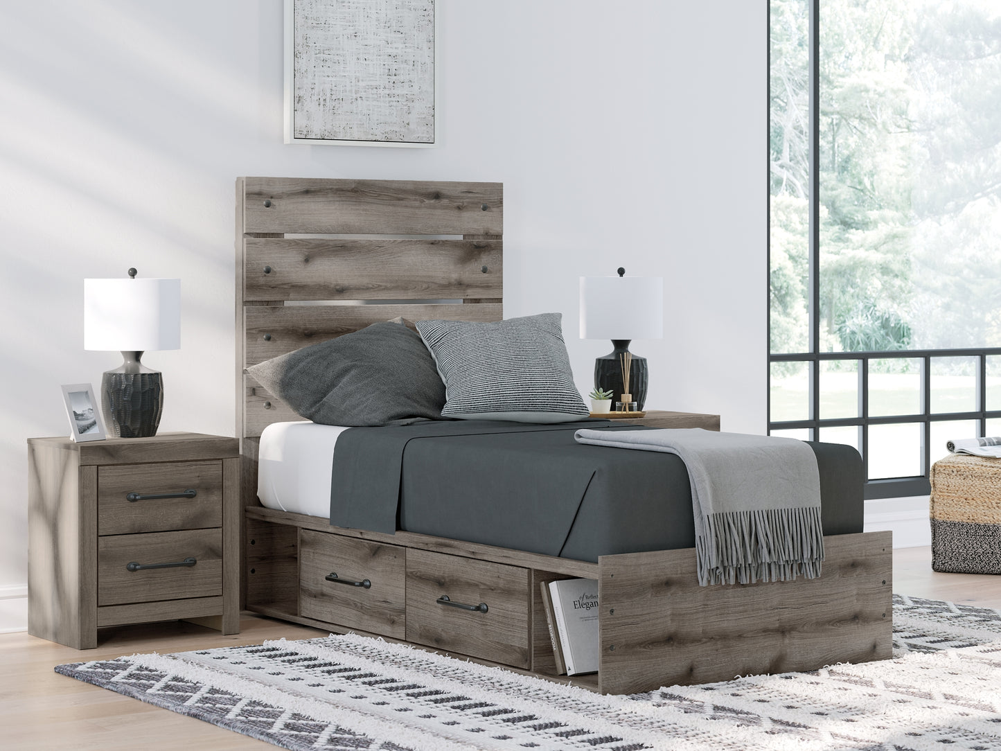 Graystorm  Panel Bed With Storage With Mirrored Dresser And Nightstand