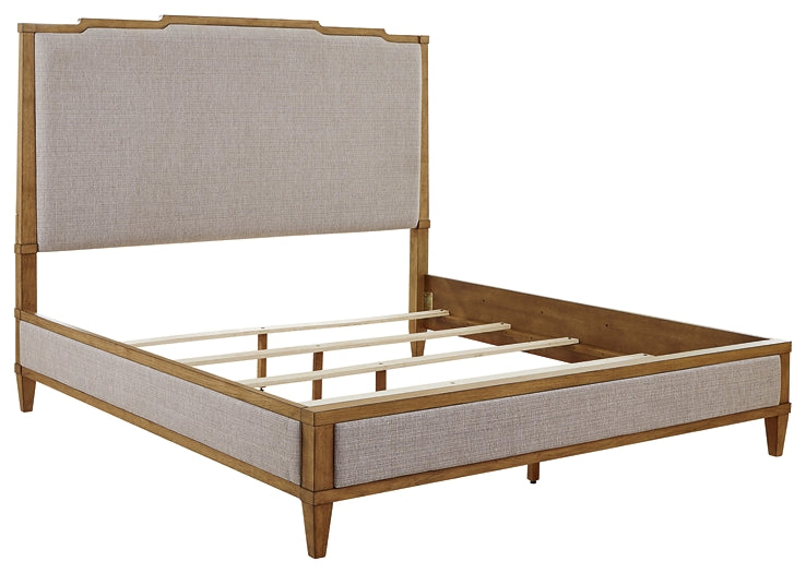 Sharlance California  Upholstered Panel Bed With Mirrored Dresser