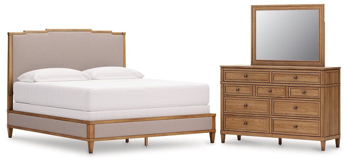Sharlance California  Upholstered Panel Bed With Mirrored Dresser