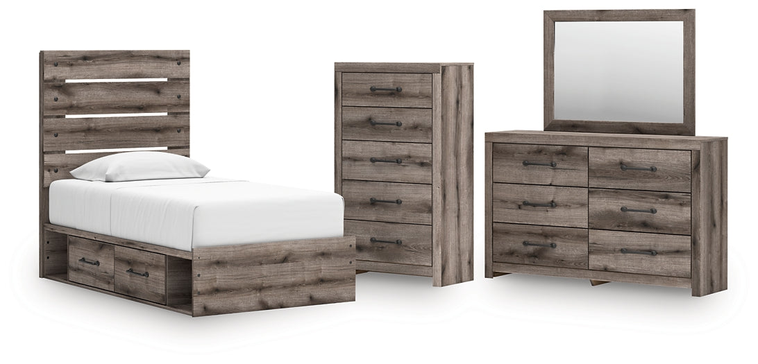 Graystorm  Panel Storage Bed With Mirrored Dresser And Chest