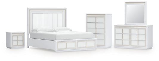 Chalanna California  Upholstered Storage Bed With Mirrored Dresser, Chest And Nightstand