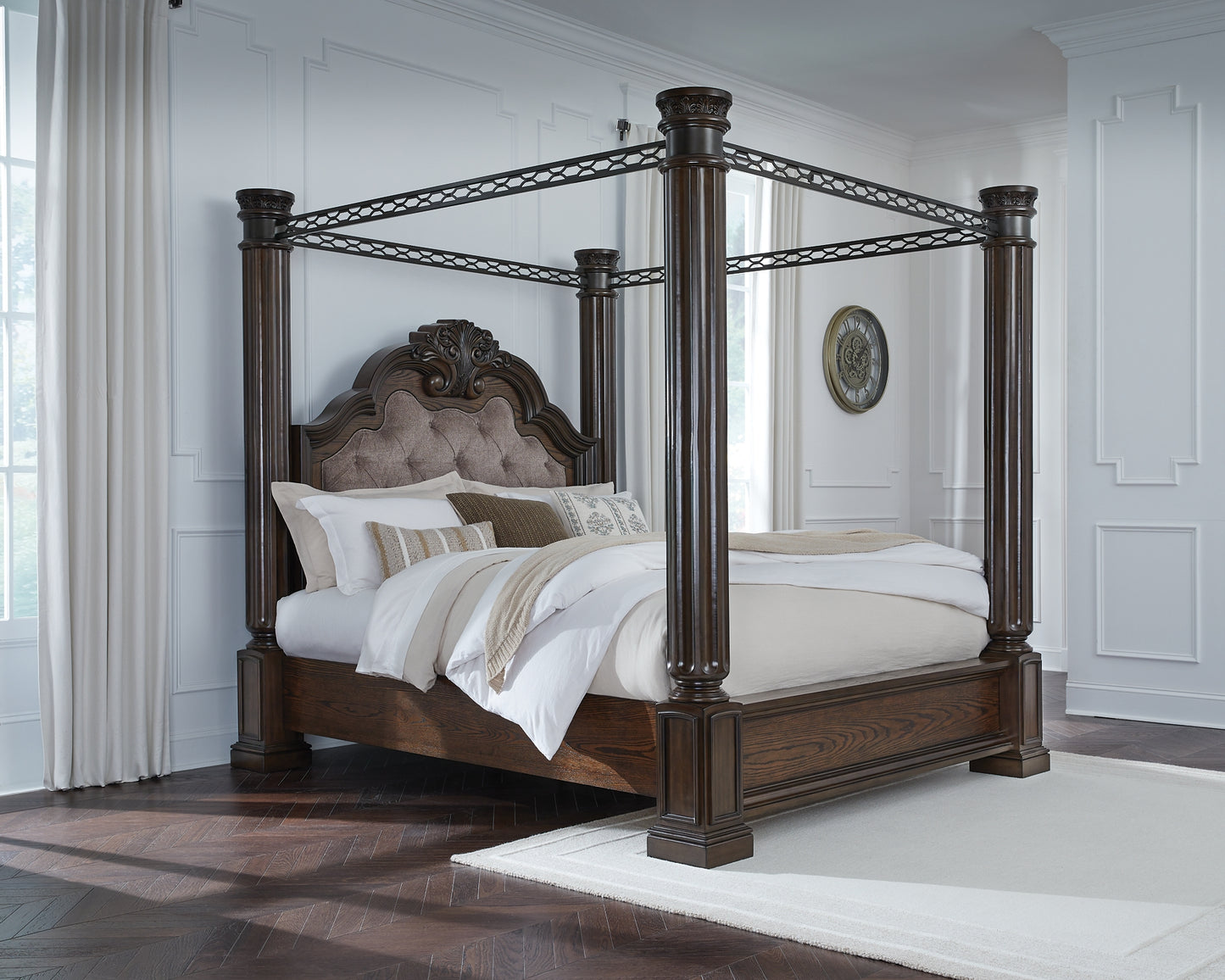 Maylee  Canopy Bed With Mirrored Dresser And Chest