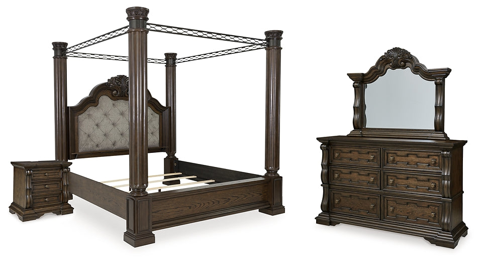 Maylee  Canopy Bed With Mirrored Dresser And Nightstand