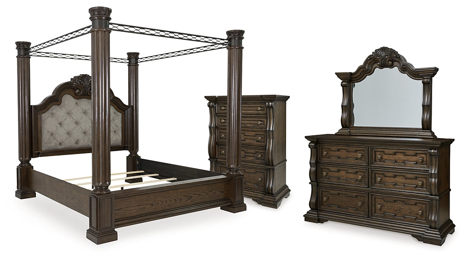 Maylee  Canopy Bed With Mirrored Dresser And Chest