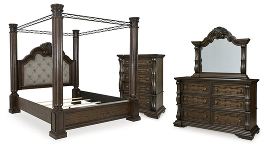 Maylee  Canopy Bed With Mirrored Dresser And Chest